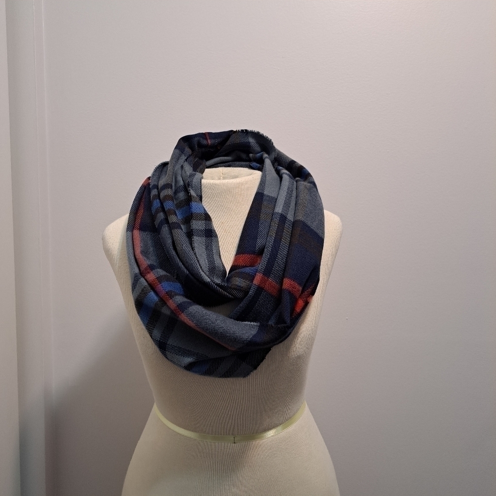 Preppy Gray And Blue Plaid Infinity Scarf